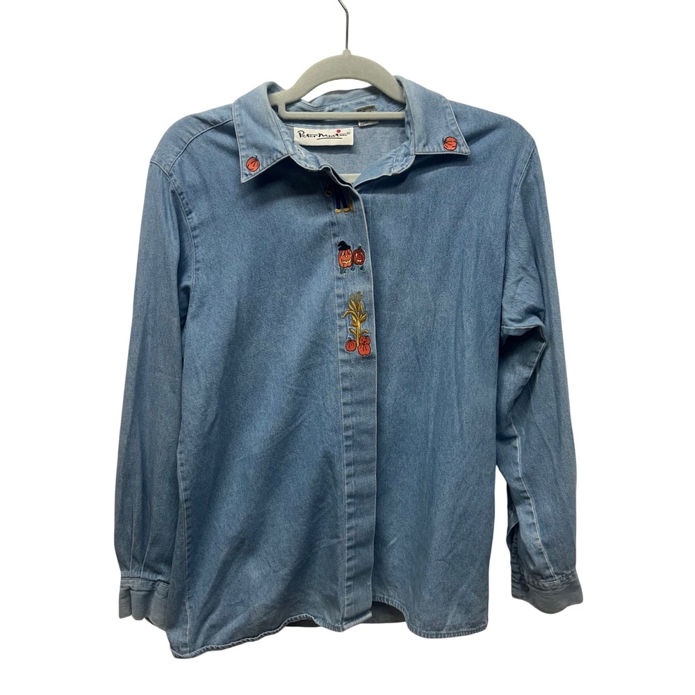 Vintage y2k Denim Halloween Embroidered Button Down Shirt Light 100% cotton